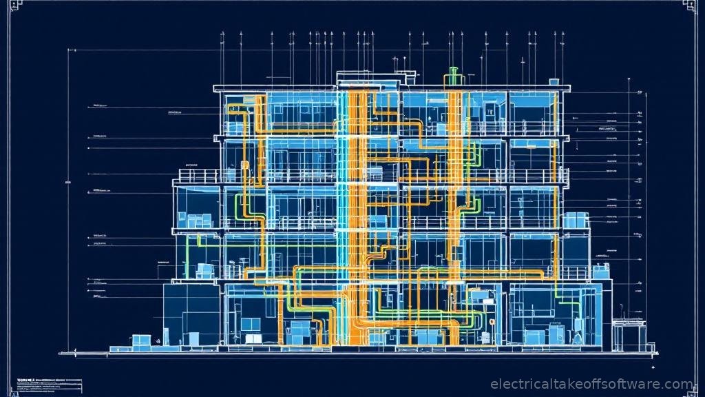 Cutaway view of a multi-story commercial building showing electrical distribution systems on each floor — main switchgear in basement, distribution panels on each level, conduit risers connecting floors — illustrating the scale and complexity that commercial estimating software must handle versus a simple residential panel
