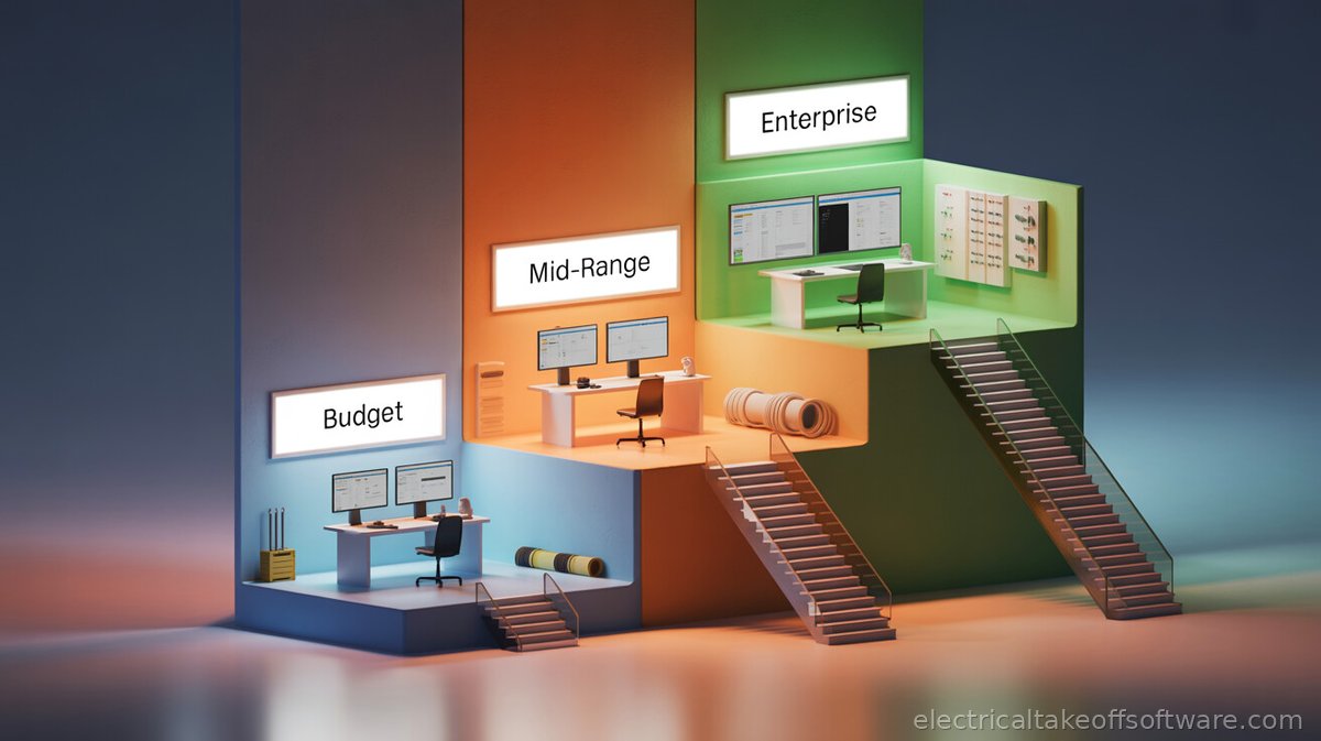 Three ascending tiers of commercial electrical estimating software — budget, mid-range, and enterprise — with increasing workspace scale and features at each level