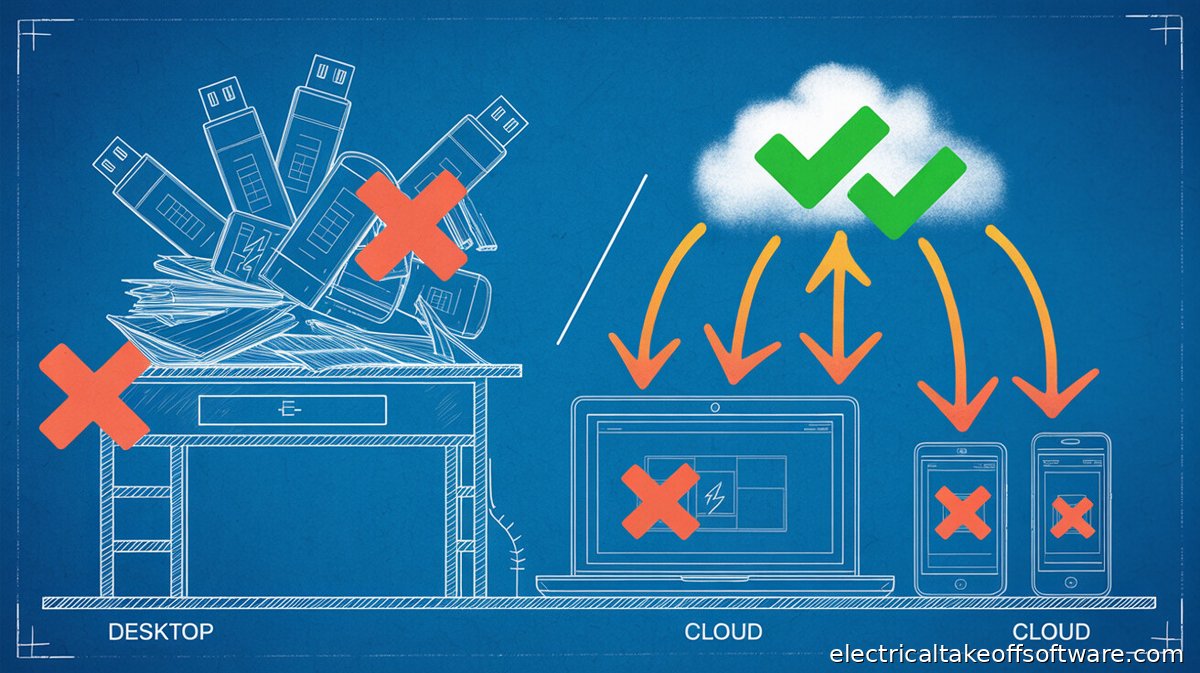 Split diagram showing desktop estimating workflow on left with single computer, USB drives, and emailed spreadsheets versus cloud workflow on right with multiple connected devices accessing a central cloud platform with real-time sync arrows between office laptop, job site tablet, and mobile phone