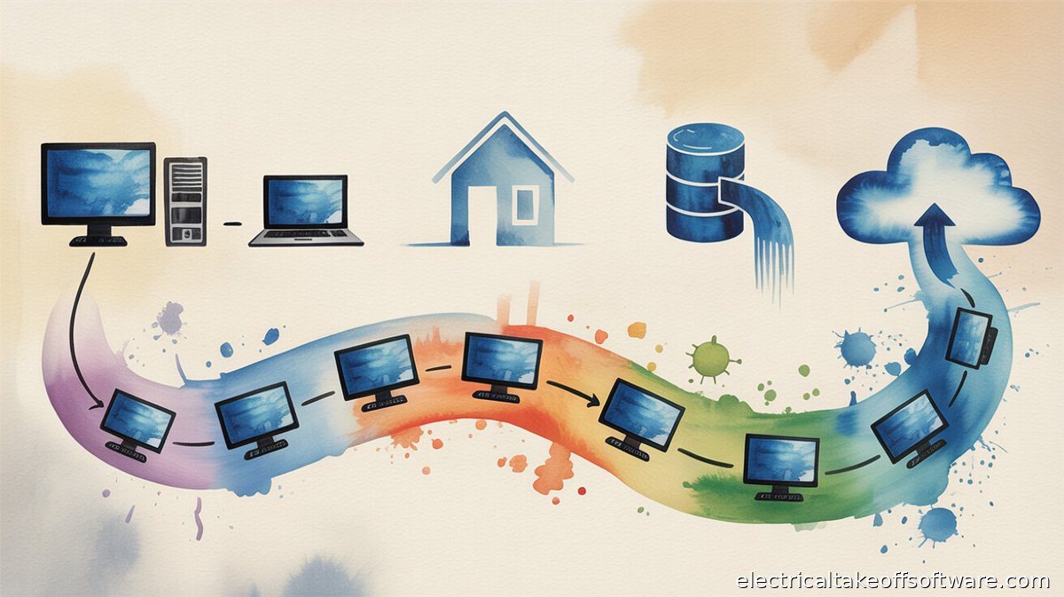 Four-step migration timeline flowing left to right: Step 1 shows parallel desktop and cloud running side by side, Step 2 shows simple residential project as first cloud bid, Step 3 shows material database export arrow from desktop to cloud, Step 4 shows full team using cloud platform with desktop powered off
