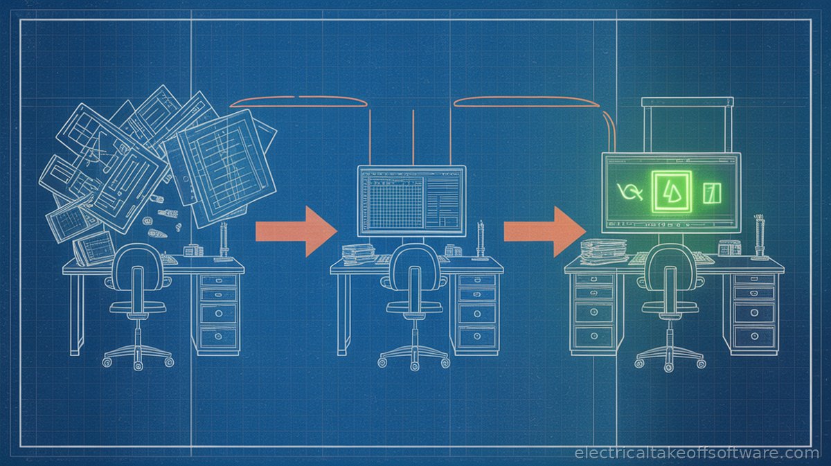 Side-by-side comparison of three electrical estimating workflows: manual spreadsheet with paper plans and calculator on left, mid-range desktop software with digital plans in center, and modern cloud-based AI-powered platform on right showing instant symbol detection — each workspace progressively cleaner and faster