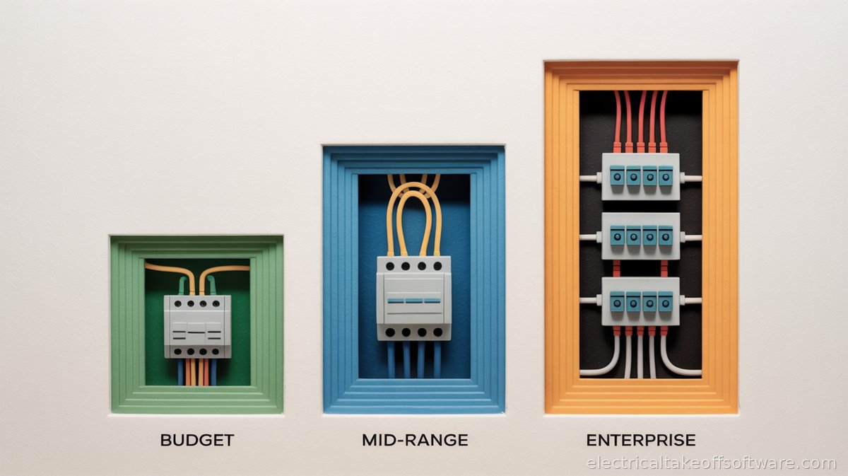 Three tiers of electrical estimating software shown as electrical panels increasing in size: budget residential breaker box, mid-range commercial distribution panel, and enterprise industrial switchgear
