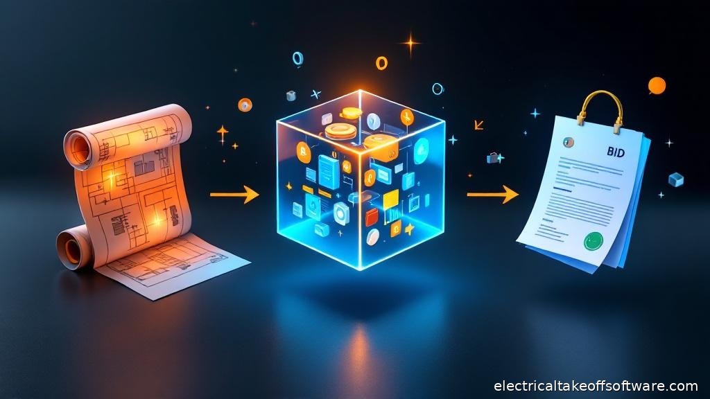 Flowchart showing three stages of electrical pricing — blueprint with quantity counts on left, pricing database with material costs and labor rates in center, and polished bid document with line items and totals on right, connected by directional arrows