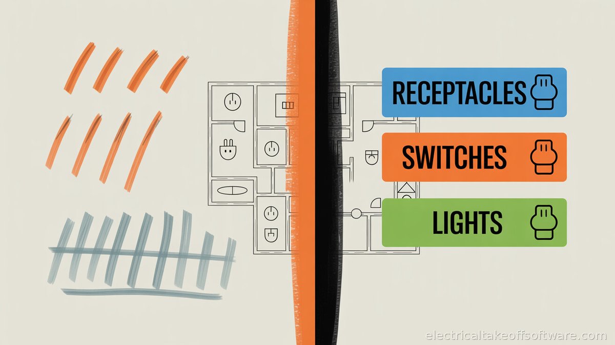 Split-screen comparing manual electrical symbol counting with tally marks versus automated color-coded detection by type